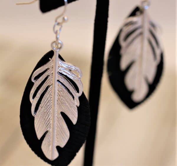 Leather Feathered Earrings – Black Leather