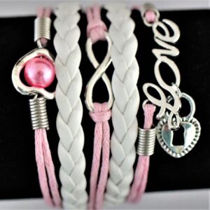 Leather Charm Bracelets ~ pink & white leather love infinity