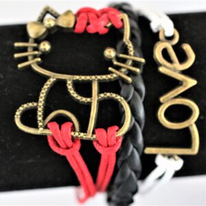 Leather Charm Bracelets ~ red white black leather kitty