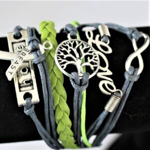 Leather Charm Bracelets ~ gray & lime leather hope tree of life love