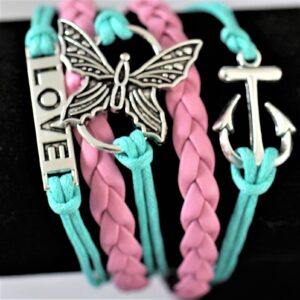 Leather Charm Bracelets ~ pink & turquoise leather butterfly anchor love