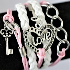 Leather Charm Bracelets ~ pink & white leather key love heart