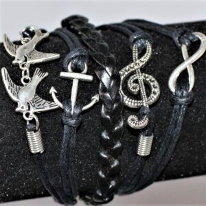 Leather Charm Bracelets ~ black leather music infinity anchor doves