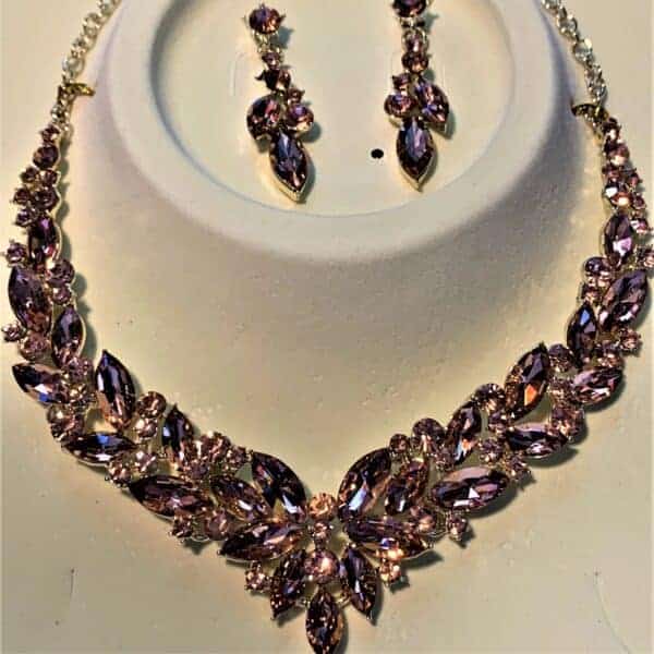 Formal Rose Gold Crystal Necklace w/Earrings LG
